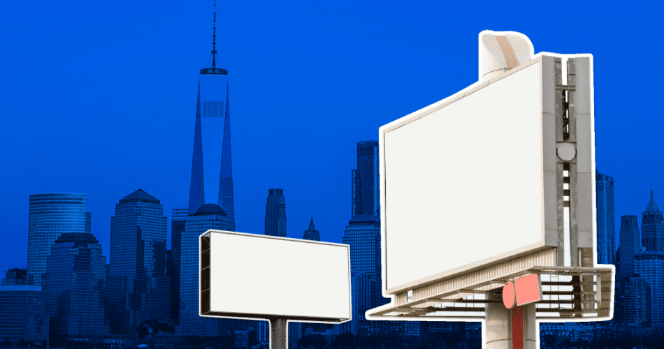 Blank billboards with blue city background.