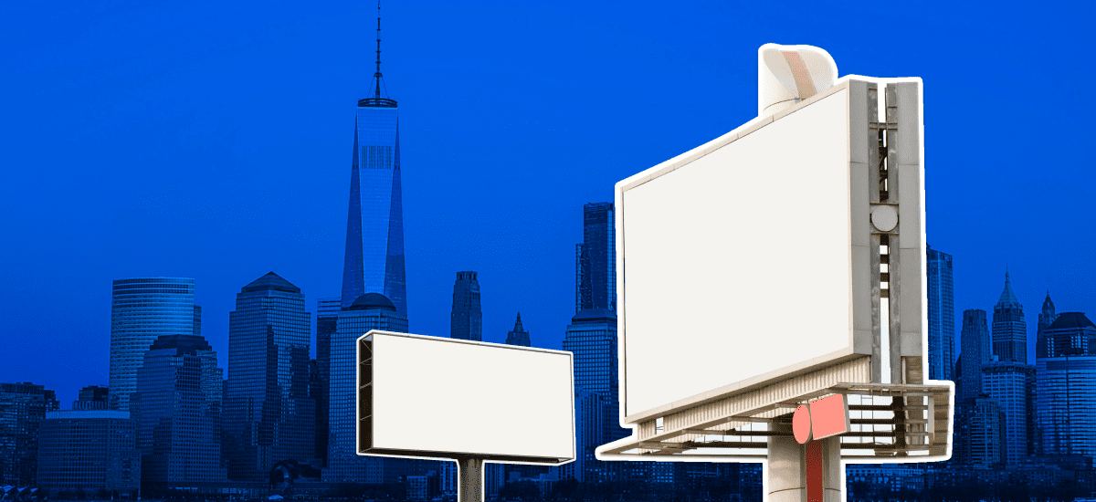 Blank billboards with blue city background.