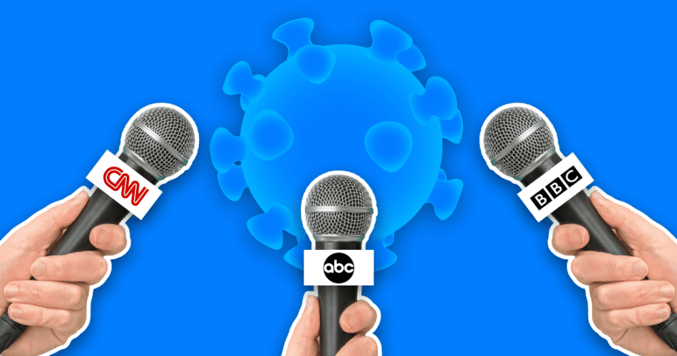 News anchor microphones pointed toward COVID-19 molecule against blue background.