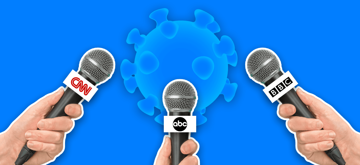 News anchor microphones pointed toward COVID-19 molecule against blue background.