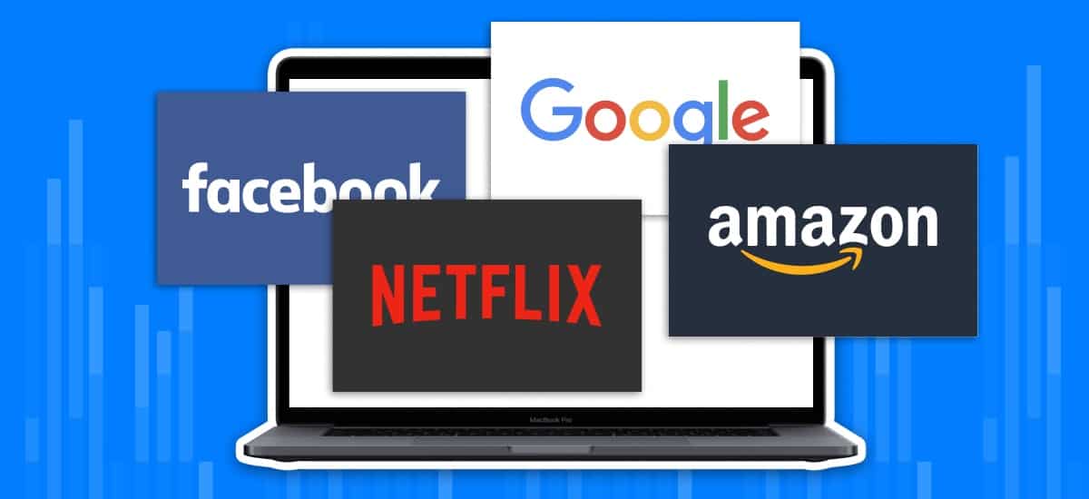 Computer with Google, Netflix, Amazon and Facebook logos.
