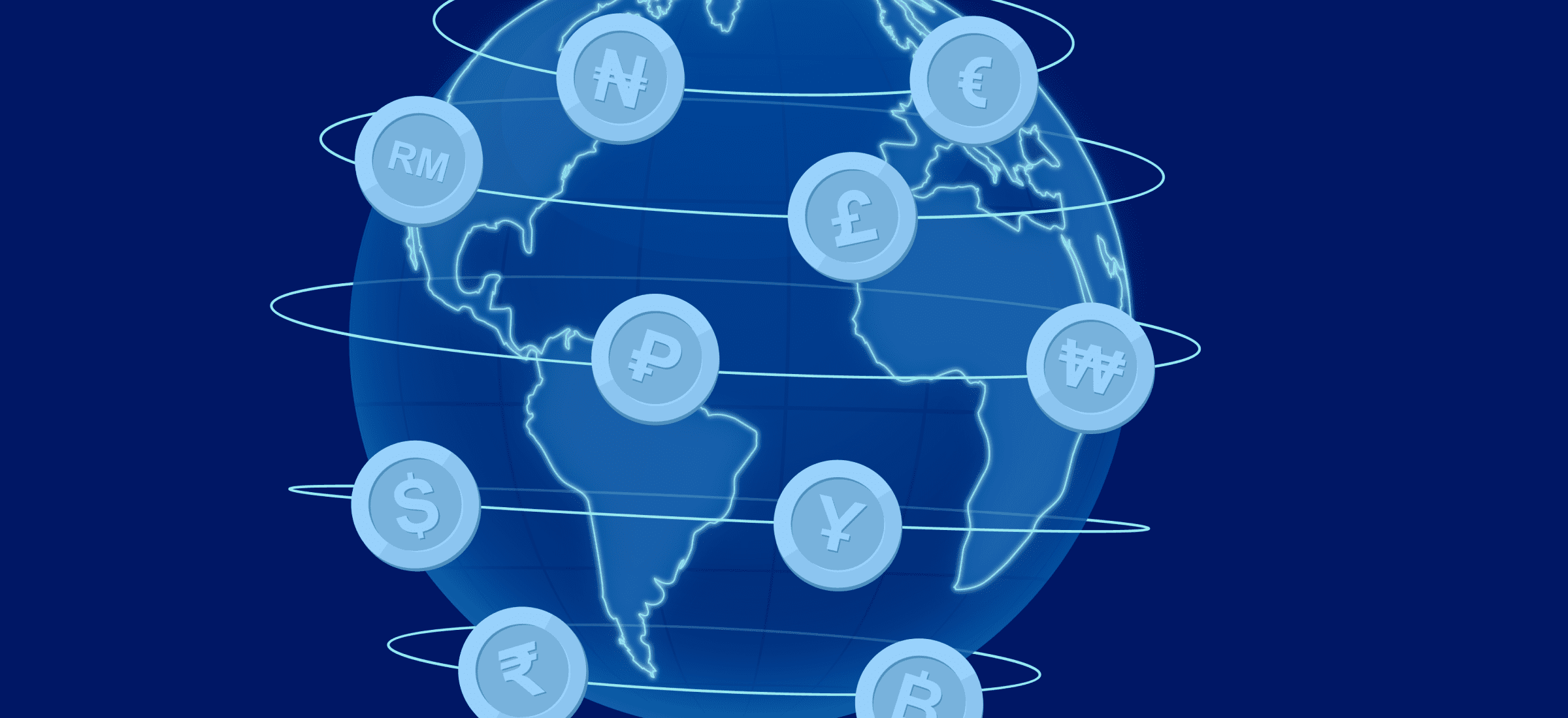 Blue world with different currencies infographic.