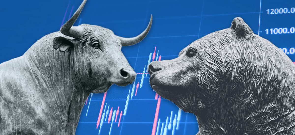 Bull and bear with data background.