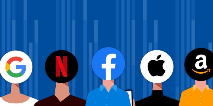 People with Google, Netflix, Facebook, Apple and Amazon logos as heads.