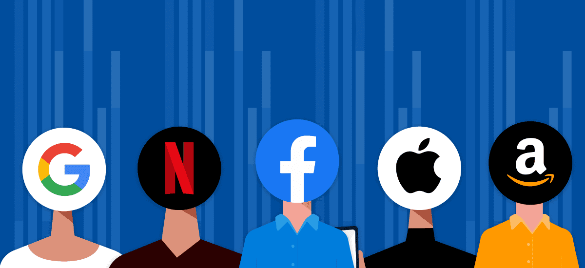 People with Google, Netflix, Facebook, Apple and Amazon logos as heads.