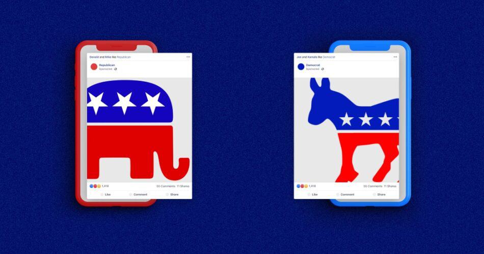 Republican donkey and Democratic elephant on phones.