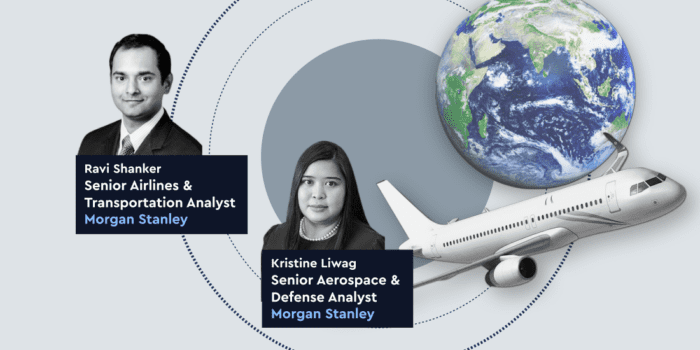 Morgan Stanley team members with airplane and globe.