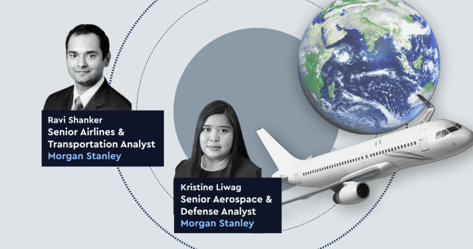 Morgan Stanley team members with airplane and globe.
