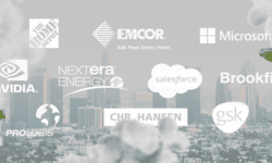 Grid of logos against city scape.