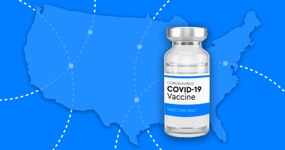 COVID-19 Vaccine bottle with US blue background.
