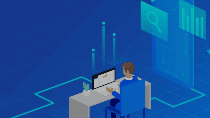 Illustration of man at desk on computer with blue background.