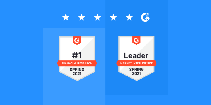 Image showcasing AlphaSense's G2 badges: #1 in Financial Research and Leader in Market Intelligence