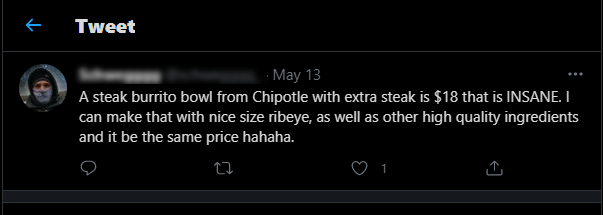 Image of a tweet discussing the increased cost of a Chipotle burrito